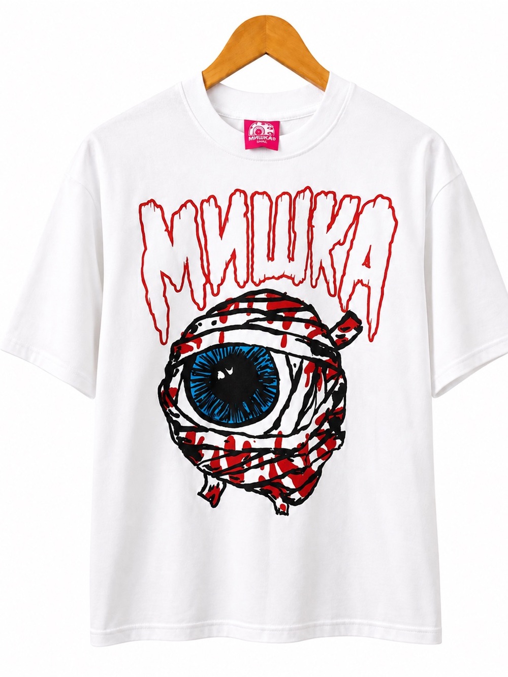Mishka White Tee with Blue Eyeball and Red Drip Logo